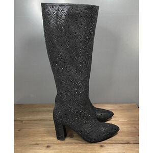 Top Moda Women's Mariha Knee High Boots Size 6.5 Black Rhinestone Zip Bling